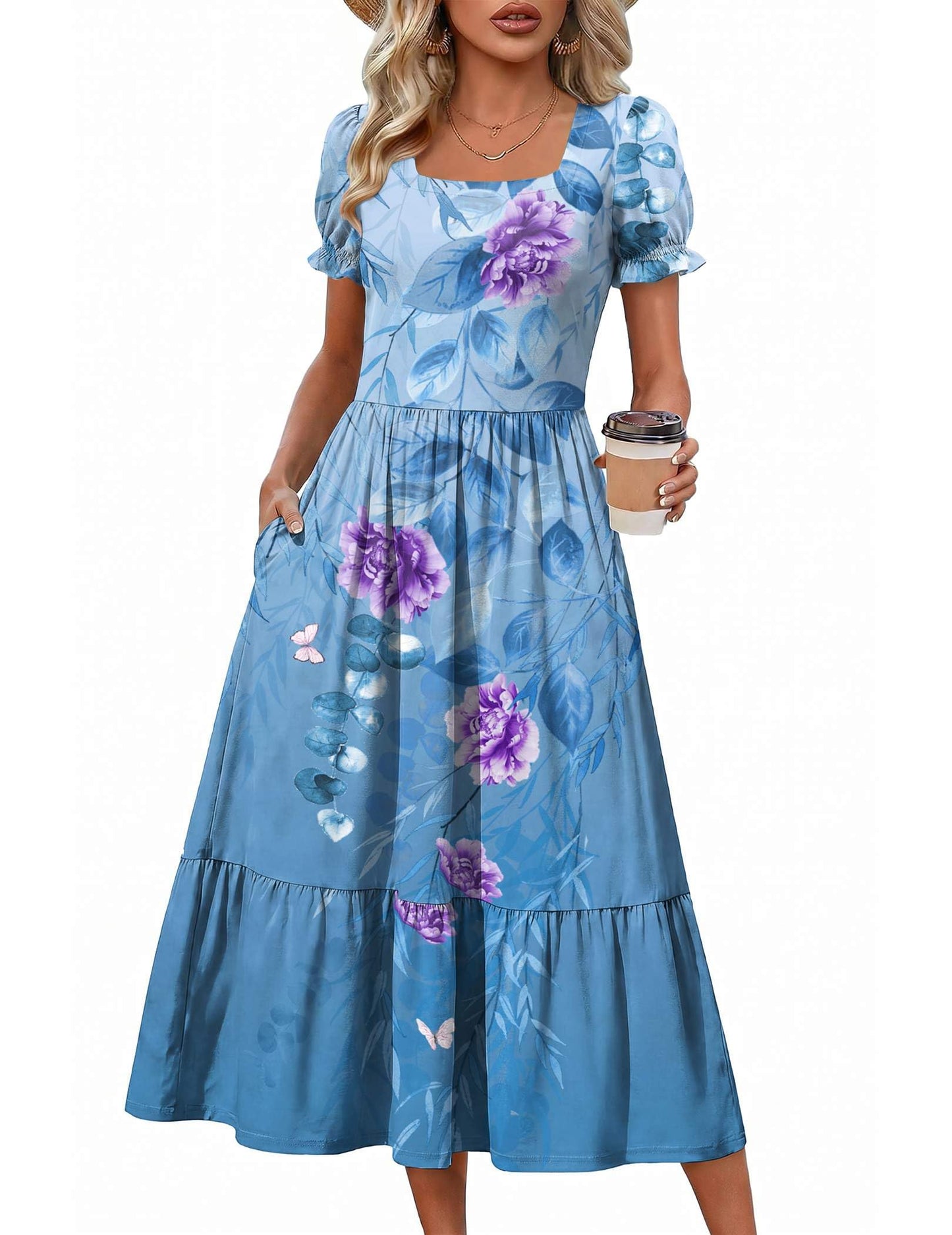 Zeagoo Summer Dresses for Women Flowy Casual Midi Dress Short Sleeve Tiered Dress Beach Vacation Sundresses with Pockets