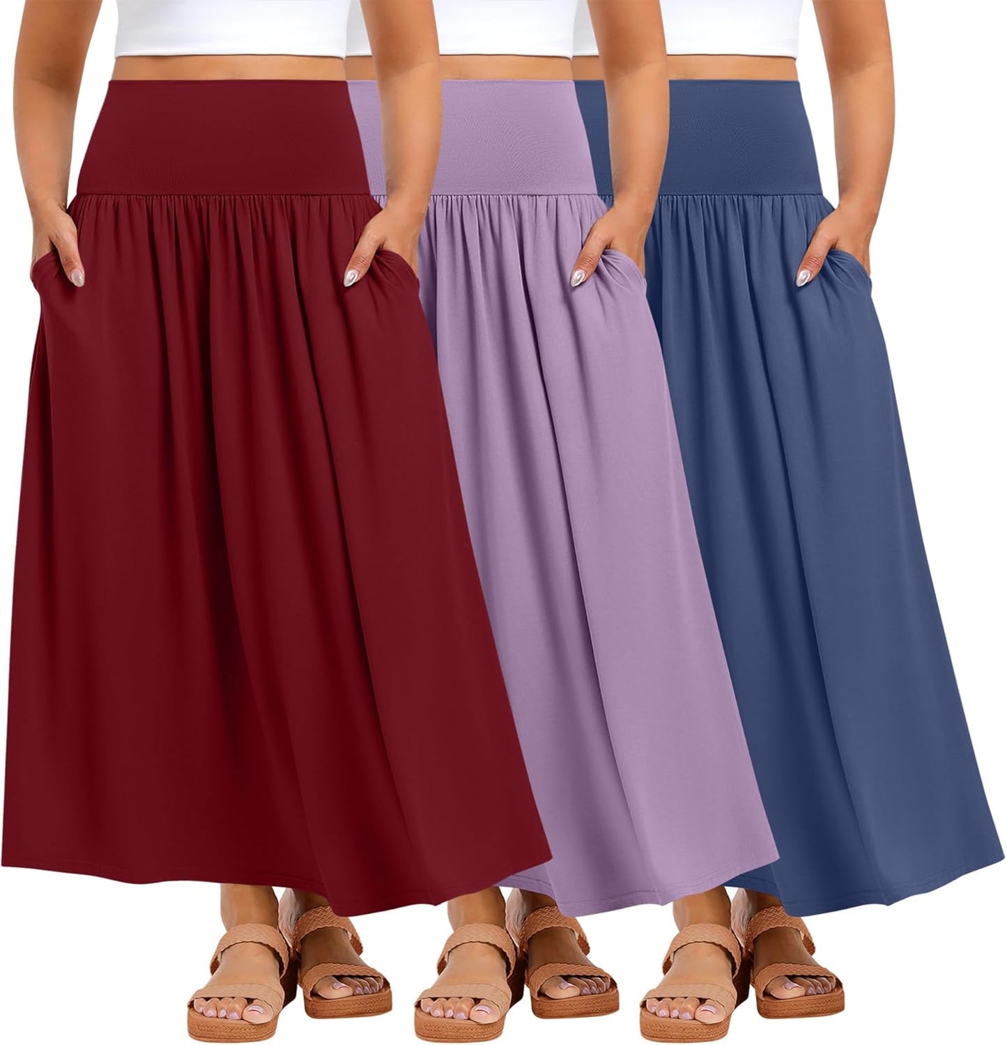 Ficerd 3 Pack Plus Size Maxi Skirts for Curvy Women Pockets Casual 2026 Boho Summer Flowy Long Skirt a Line High Waist Dress