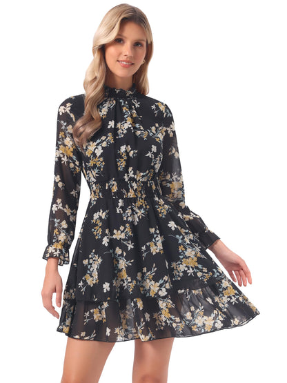 Allegra K Women's Floral Dress Chiffon Long Sleeve Mock Neck Ruffle Layered Smocked Mini Dresses