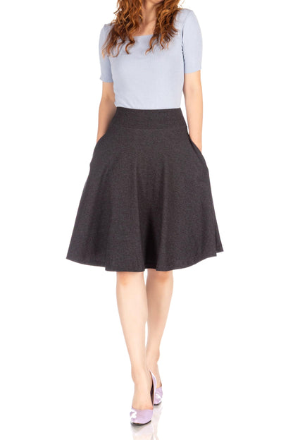 Dani's Choice High-Waisted Cotton Blend Skirt with Pockets - Knee Length A-line Flare for Business and Casual Wear