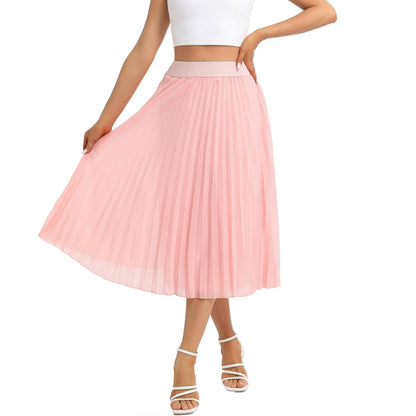 Womens Chiffon High Waist Skirt Pleated A-Line Swing Elastic Shirring Midi Length