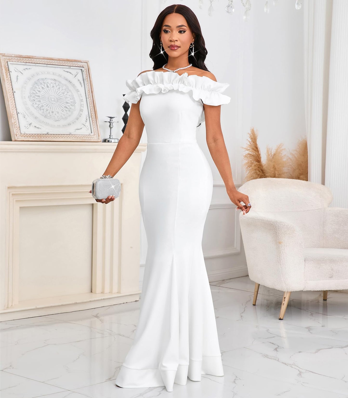 Cololura Sexy Floor-Length Off Shoulder Ruffles Stringy Selvedge Mermaid Bodycon Party Evening Maxi Dress
