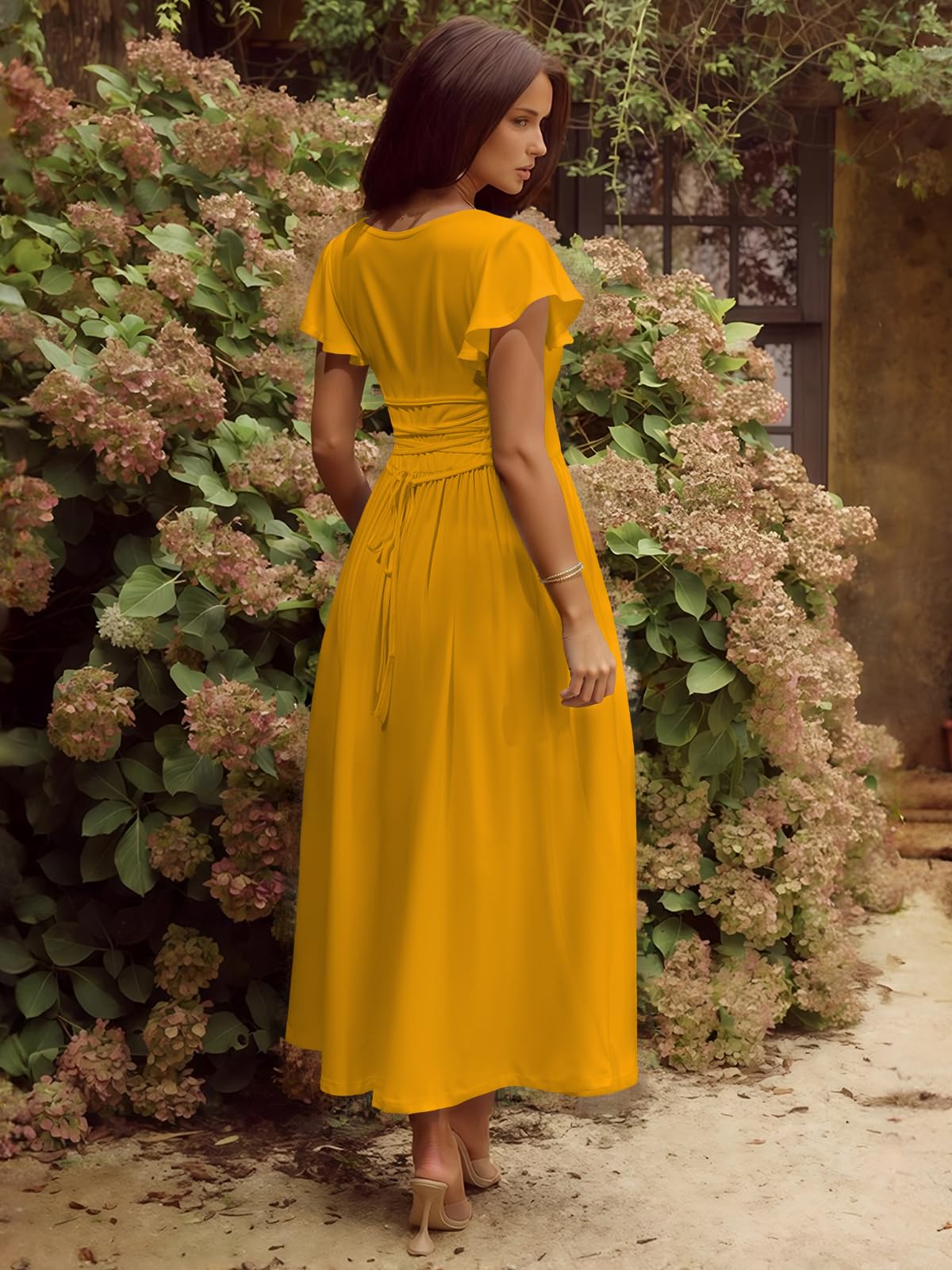 YUNDAI Women's Scoop Neck Flutter Sleeve Midi Dress with Pocket Elegant Flowy A Line Tie Back Dress