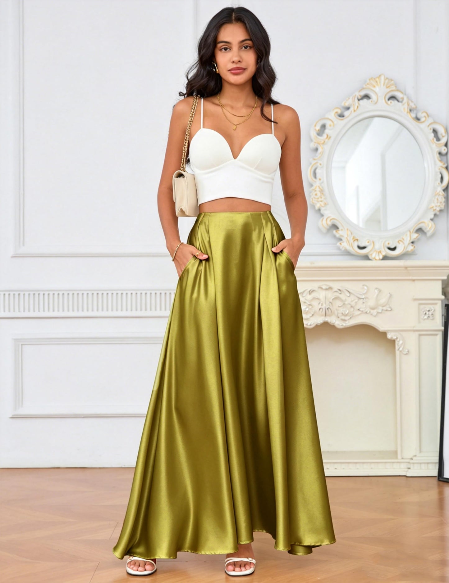 MAKABO Maxi Satin Skirts for Womens High Waisted Flowy Long A line Skirt Trendy for Office Holiday Party