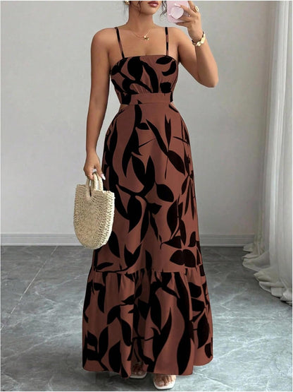 OYOANGLE Women's Cut Out Floral Print Tropical Maxi Cami Dress Ruffle Flowy Summer Vacation Spaghetti Strap Sundress