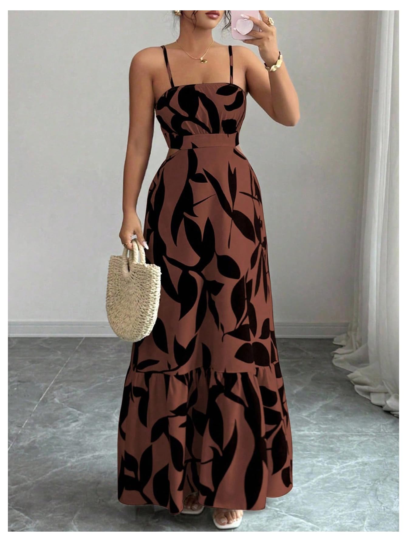 OYOANGLE Women's Cut Out Floral Print Tropical Maxi Cami Dress Ruffle Flowy Summer Vacation Spaghetti Strap Sundress