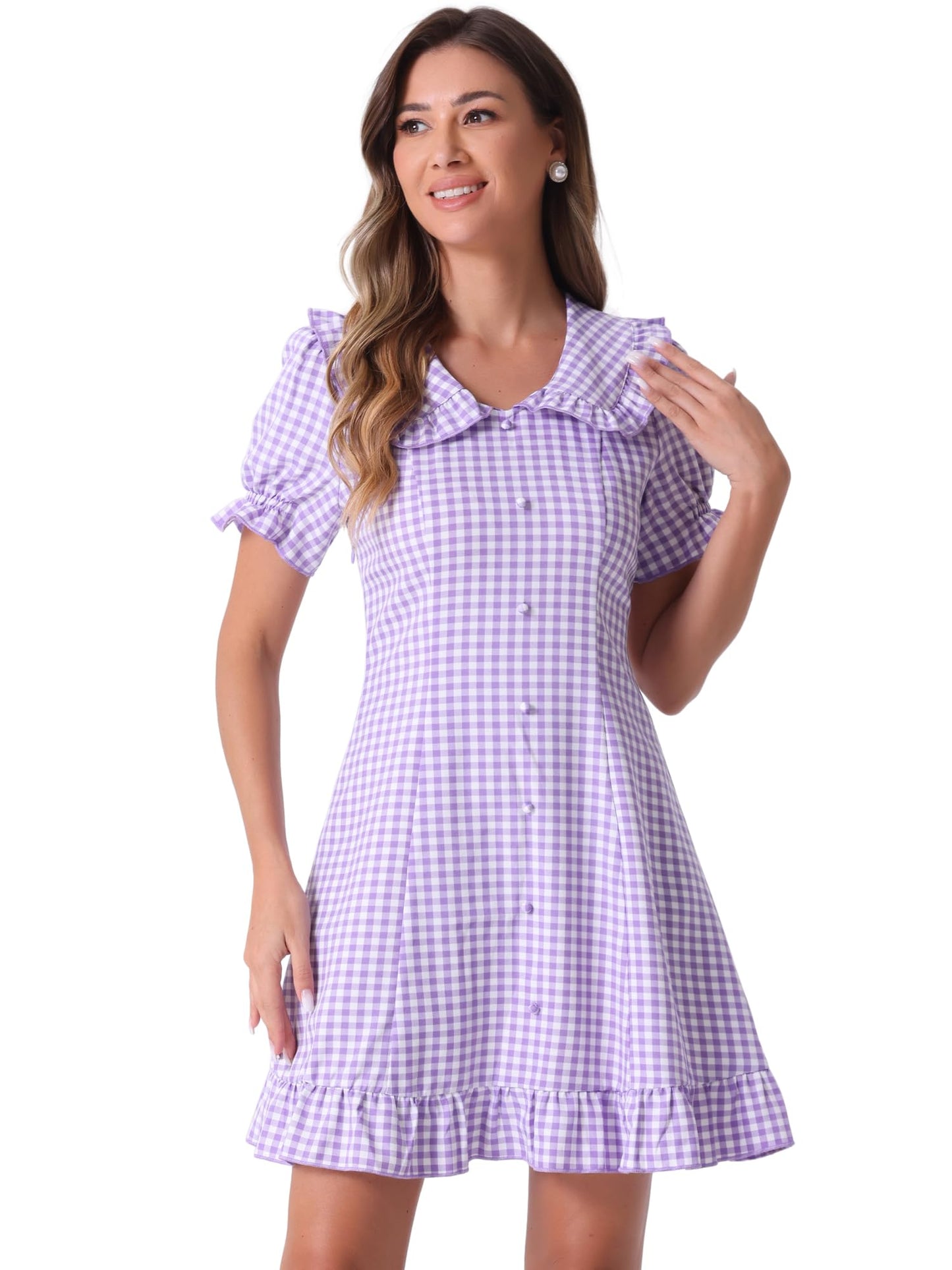 Allegra K Women's Gingham Checks Ruffled Peter Pan Collar Cute Mini Dress