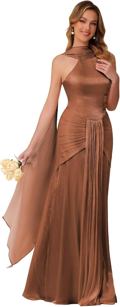 Halter Bridesmaid Dresses Long with Scarf Shimmer Chiffon Formal Dress Pleated Mermaid Evening Gowns for Women