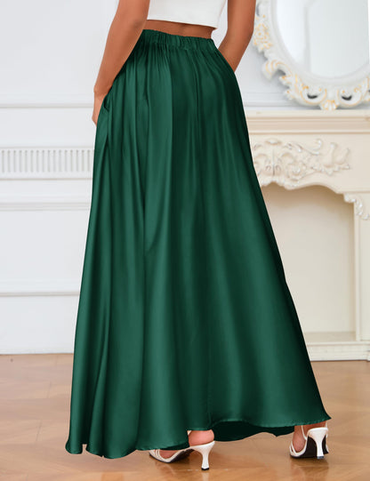 MAKABO Maxi Satin Skirts for Womens High Waisted Flowy Long A line Skirt Trendy for Office Holiday Party