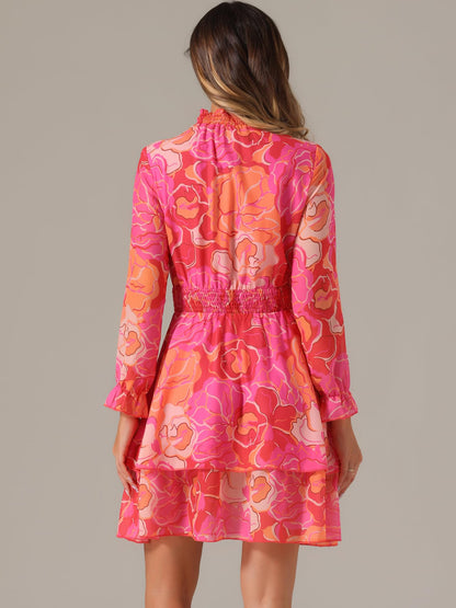 Allegra K Women's Floral Dress Chiffon Long Sleeve Mock Neck Ruffle Layered Smocked Mini Dresses