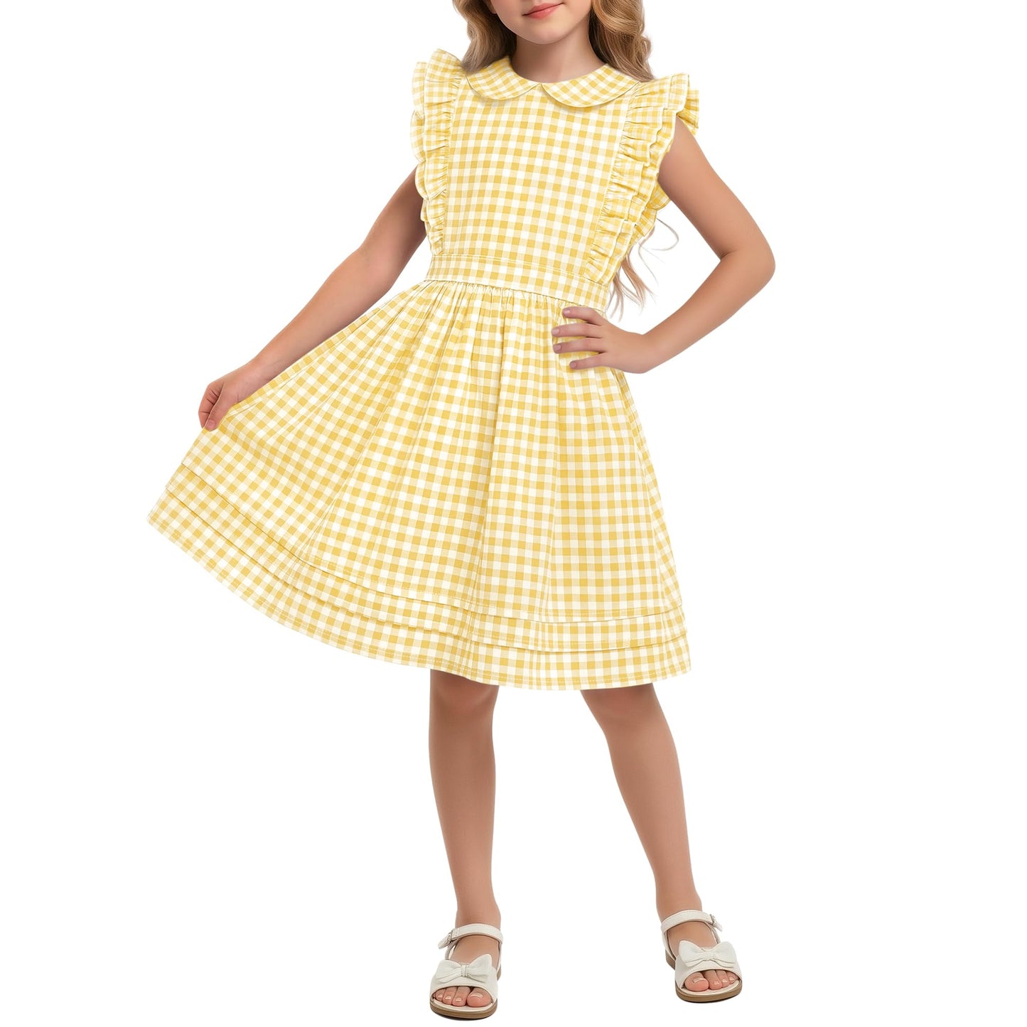 Xaatren Girls' Ruffle Sleeves Dress 5-14 Years Doll Collar Plaid Midi Length Gingham Flutter Pockets Summer Dress with Zipper