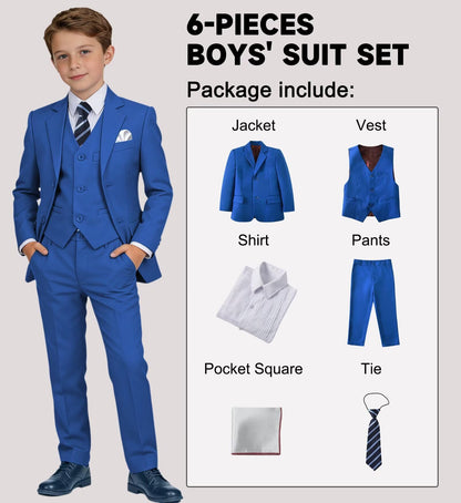 Boys' Suit Kids Formal Tuxedo Suits Set for Boys 6 Piece Dress Clothes Easter Wedding Outfit with Tie Pocket Square