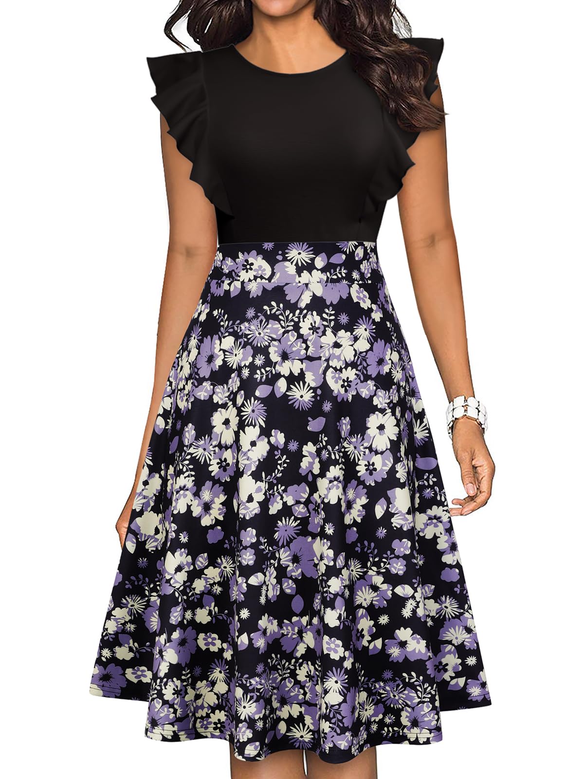 YATHON Women's Vintage Ruffle Floral Flared A Line Swing Casual Cocktail Party Dresses