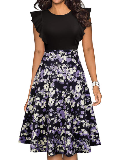 YATHON Women's Vintage Ruffle Floral Flared A Line Swing Casual Cocktail Party Dresses