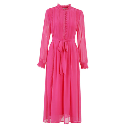Women's 2026 Spring Fall Midi Dress with Belt Casual Long Sleeve Lace V Neck Pleated A Line Flowy Dresses for Work or Daily