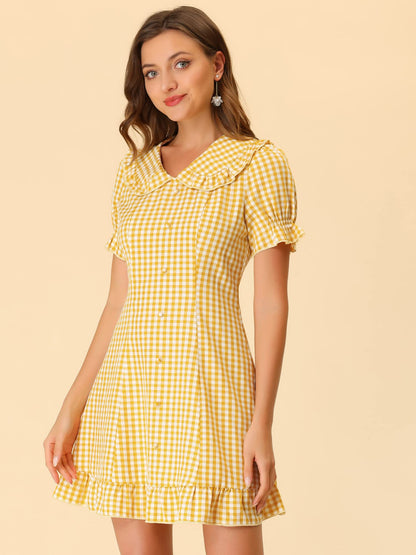 Allegra K Women's Gingham Checks Ruffled Peter Pan Collar Cute Mini Dress