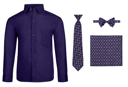 S.H. Churchill & Co. Boy's 4 Piece Dress Shirt Set with Long Tie, Bow Tie and Hanky