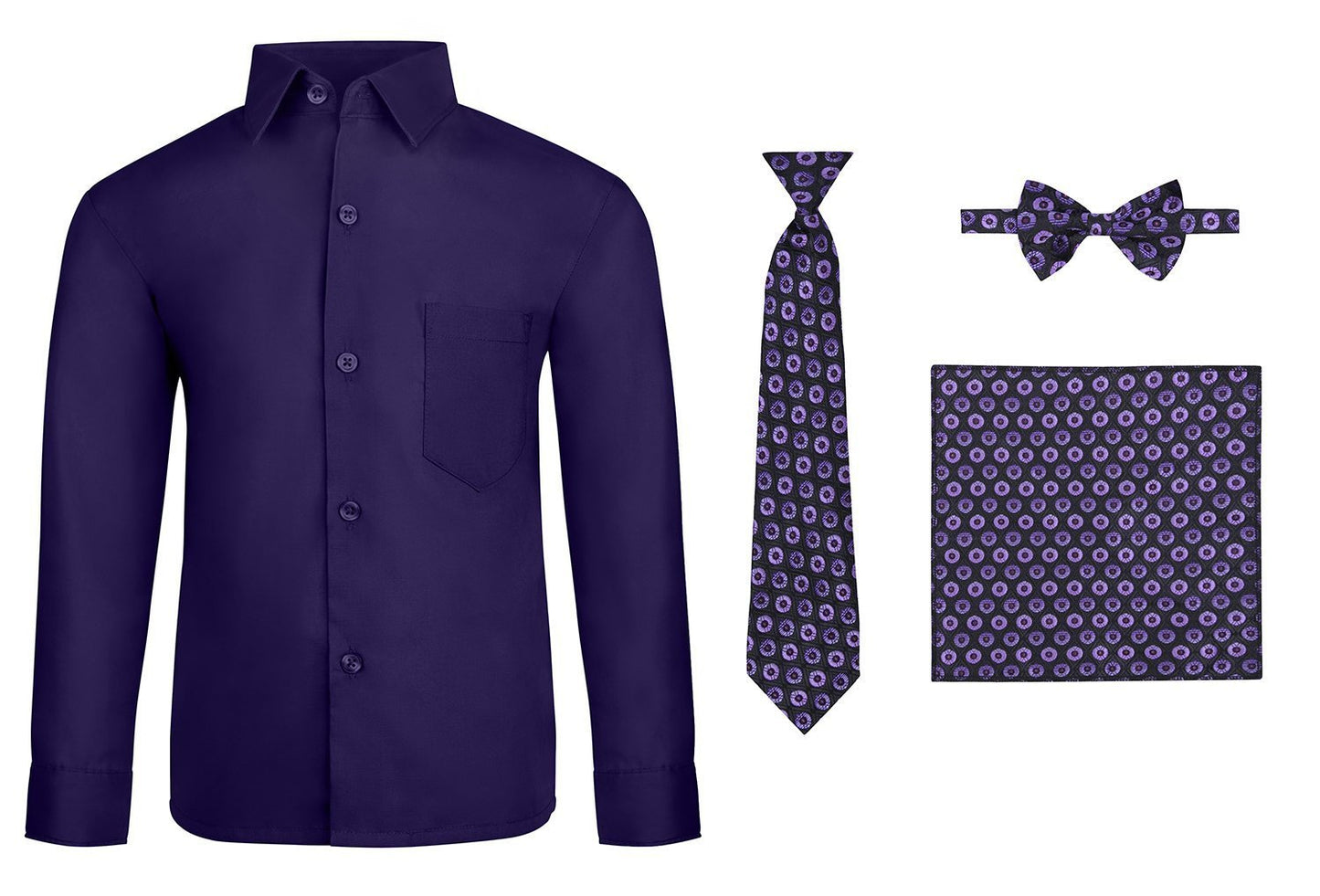 S.H. Churchill & Co. Boy's 4 Piece Dress Shirt Set with Long Tie, Bow Tie and Hanky