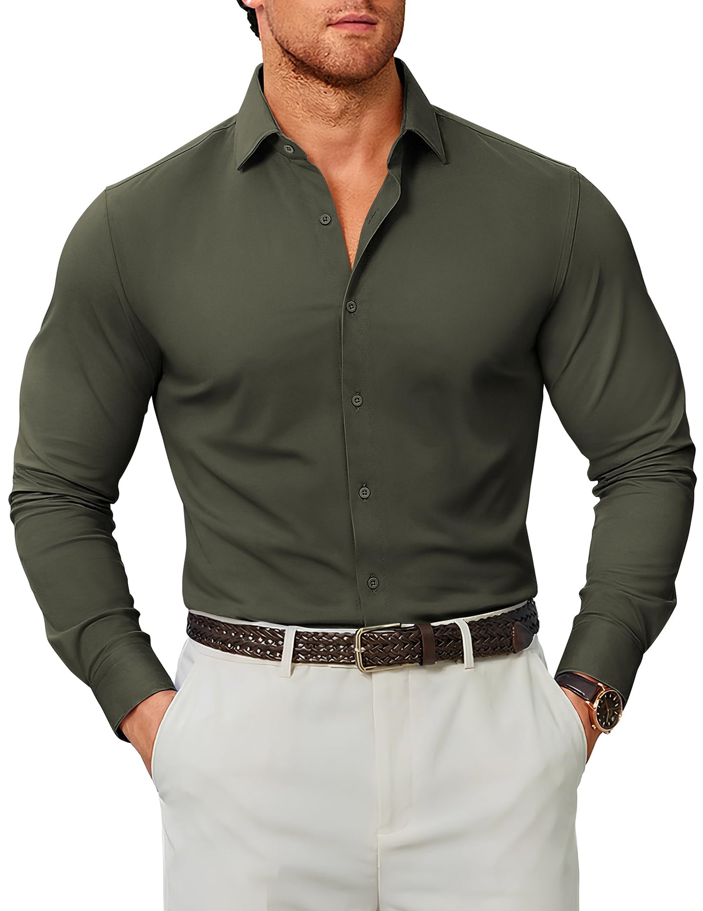 COOFANDY Mens Stretch Dress Shirts Muscle Fit Wrinkle Free Long Sleeve Button Down Shirt Business Casual Shirts