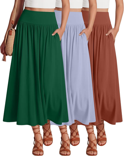 Ficerd 3 Pack Maxi Long Skirts for Women, Ankle Length High Waisted Pleated Flowy a Line Summer Casual Skirts with Pockets