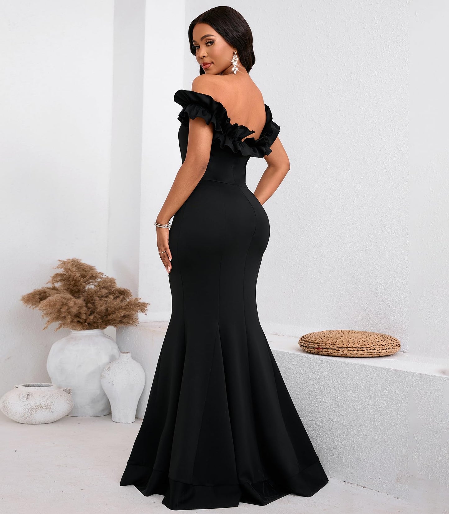 Cololura Sexy Floor-Length Off Shoulder Ruffles Stringy Selvedge Mermaid Bodycon Party Evening Maxi Dress