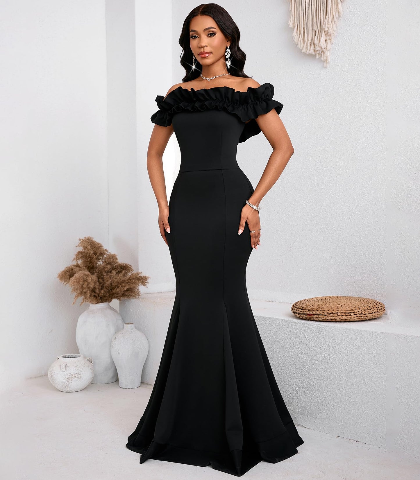Cololura Sexy Floor-Length Off Shoulder Ruffles Stringy Selvedge Mermaid Bodycon Party Evening Maxi Dress