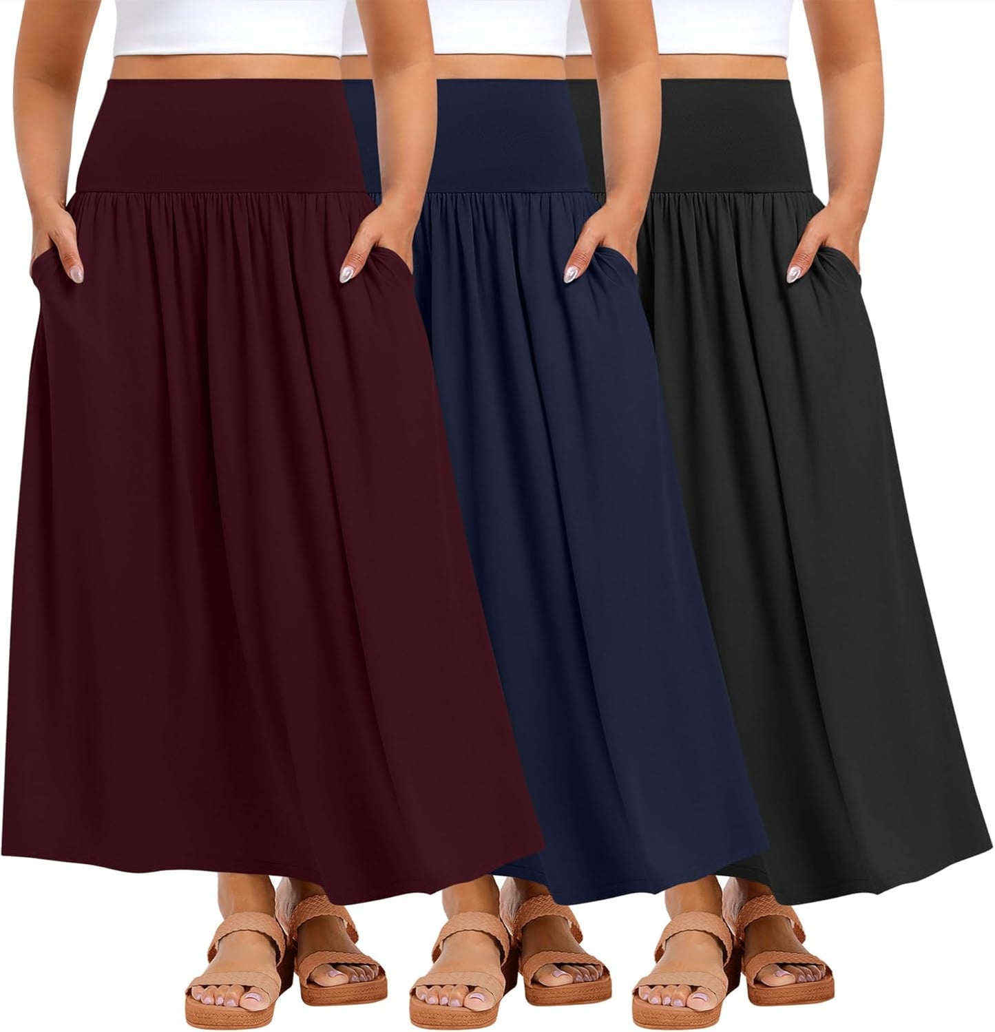 Ficerd 3 Pack Plus Size Maxi Skirts for Curvy Women Pockets Casual 2026 Boho Summer Flowy Long Skirt a Line High Waist Dress