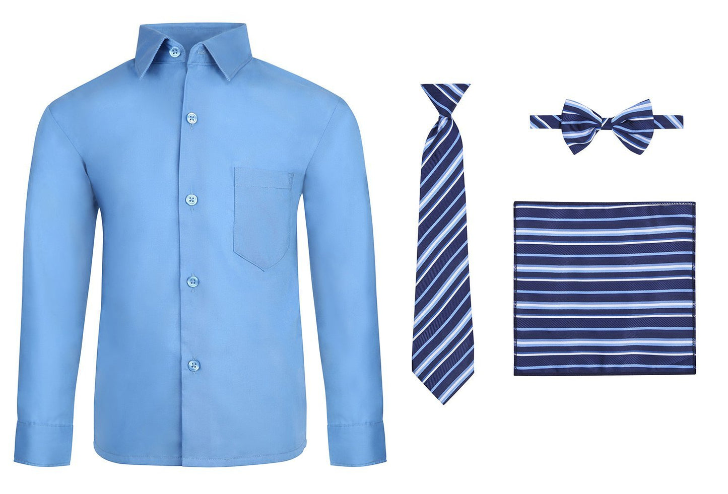 S.H. Churchill & Co. Boy's 4 Piece Dress Shirt Set with Long Tie, Bow Tie and Hanky