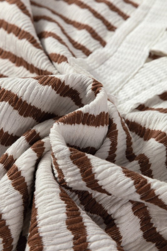 Stripe Textured Long Sleeve Hooded V-Neck Top