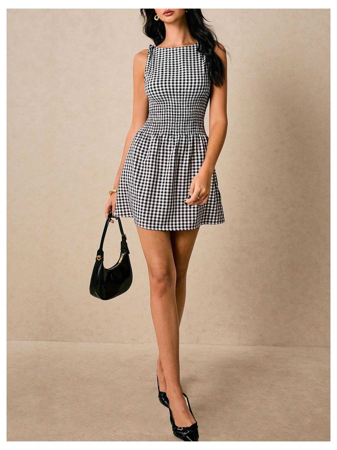 Floerns Women's Tie Shoulder A Line Gingham Dress Boat Neck Mini Checkered Elegant Dresses