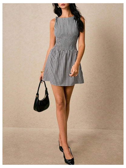 Floerns Women's Tie Shoulder A Line Gingham Dress Boat Neck Mini Checkered Elegant Dresses