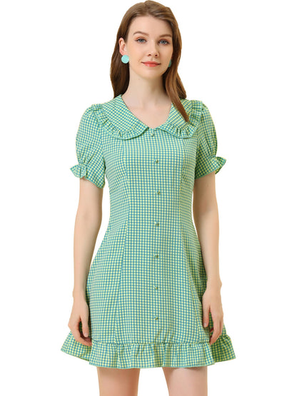 Allegra K Women's Gingham Checks Ruffled Peter Pan Collar Cute Mini Dress