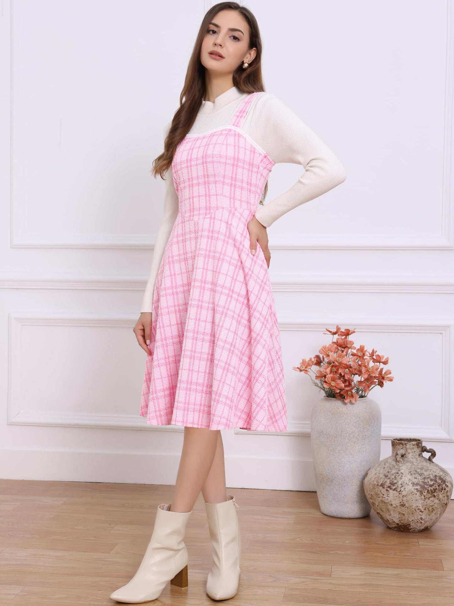 Allegra K Tweed Dress for Women Sleeveless Square Neck Plaid A-Line Pinafore Overall Dresses
