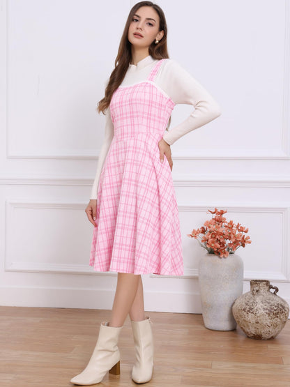 Allegra K Tweed Dress for Women Sleeveless Square Neck Plaid A-Line Pinafore Overall Dresses