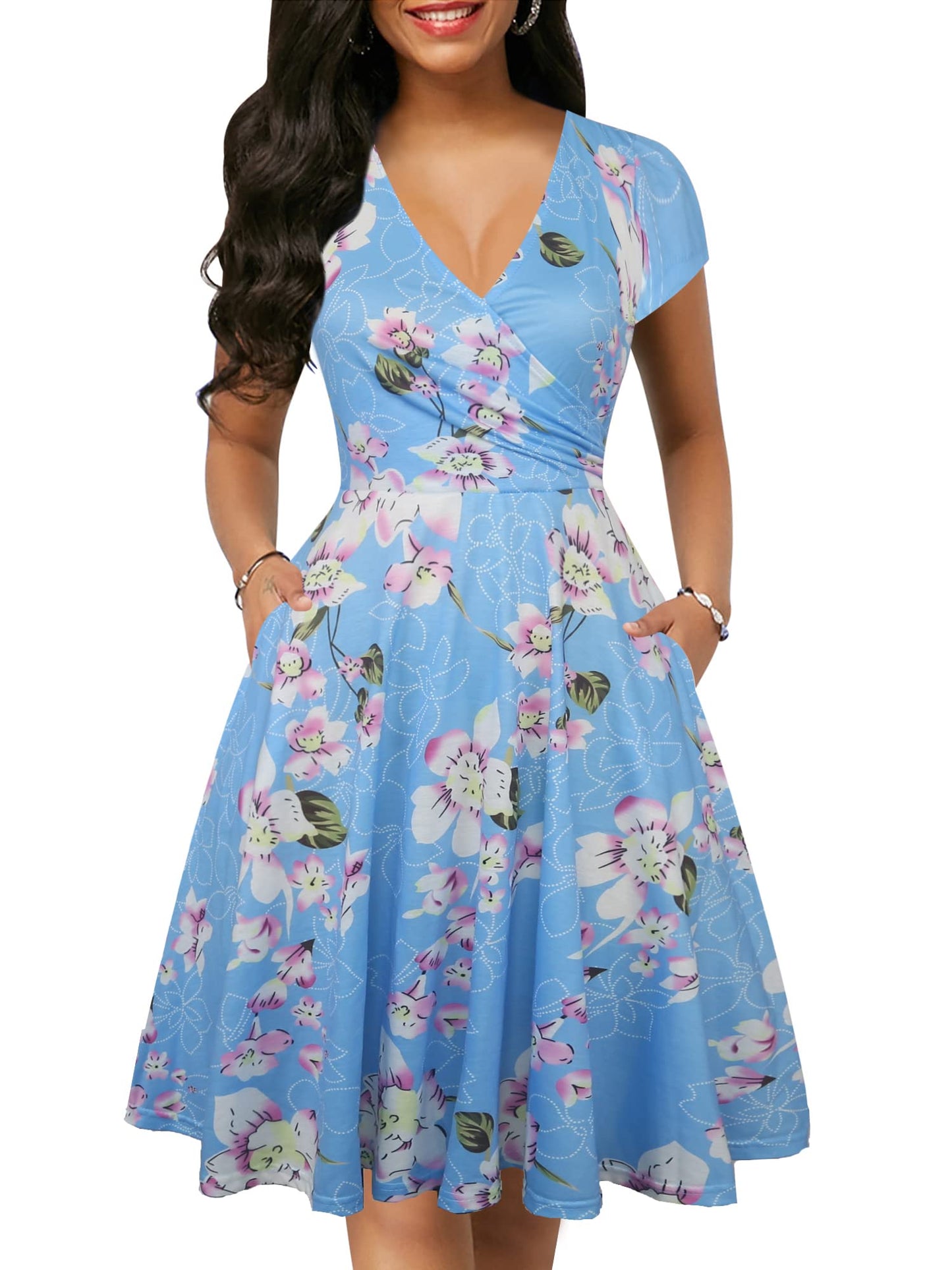 oxiuly Women's Vintage Dot V-Neck Cap Sleeve Casual Pockets Swing Tea Dress OX296