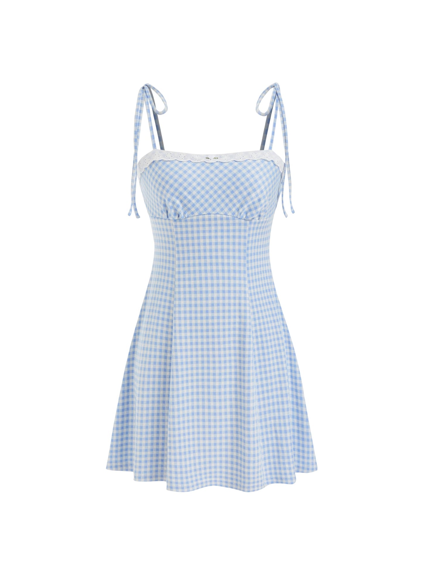 CIDER Womens Summer Gingham Dress Plaid Tie Spaghetti Strap Sleeveless Lace Trim Cute A Line Casual Mini Dresses Sundress