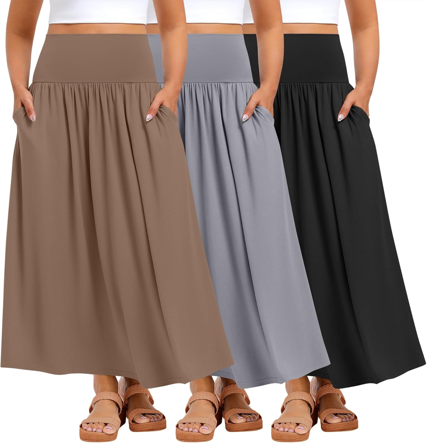Ficerd 3 Pack Plus Size Maxi Skirts for Curvy Women Pockets Casual 2026 Boho Summer Flowy Long Skirt a Line High Waist Dress