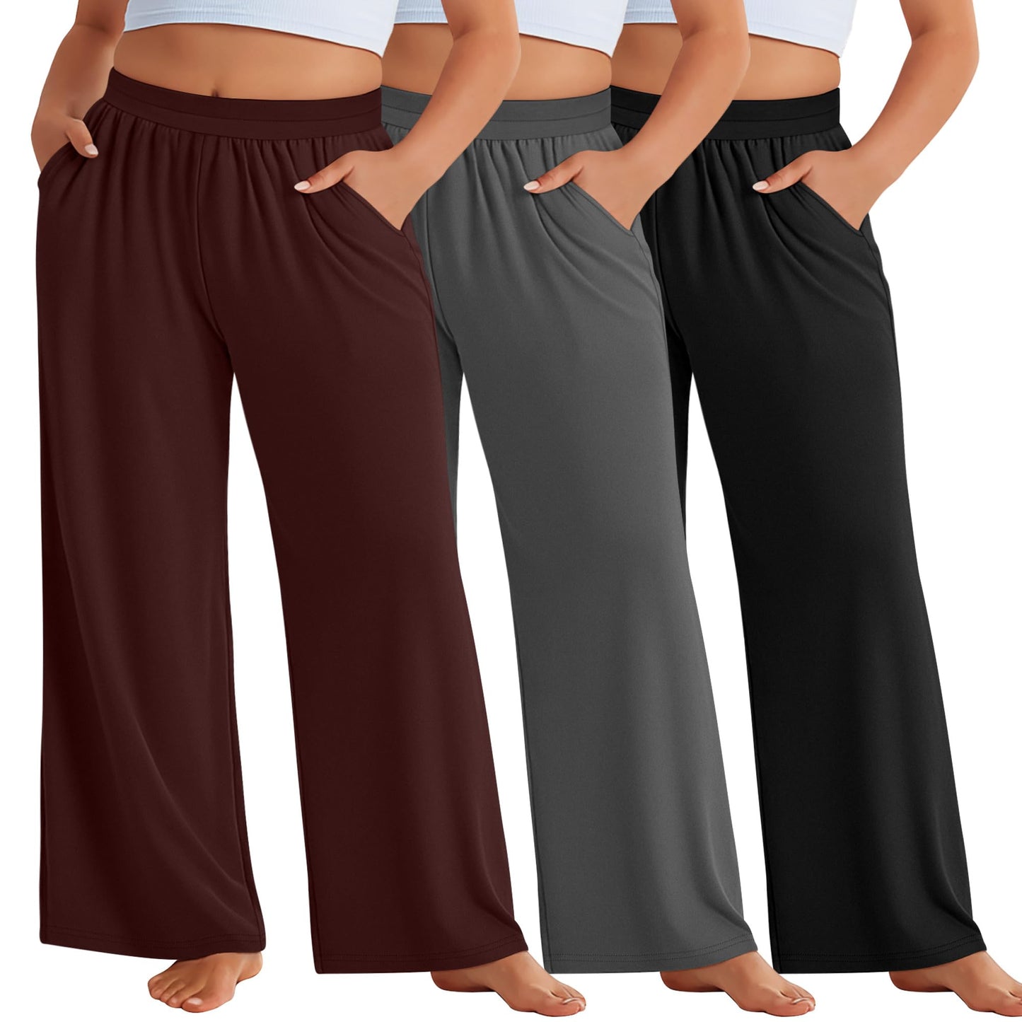 Evervibe 3 Pack Women Plus Size Wide Leg Pants Loose Fit Palazzo Lounge Yoga Sweatpants High Waist Casual Pajamas Pants