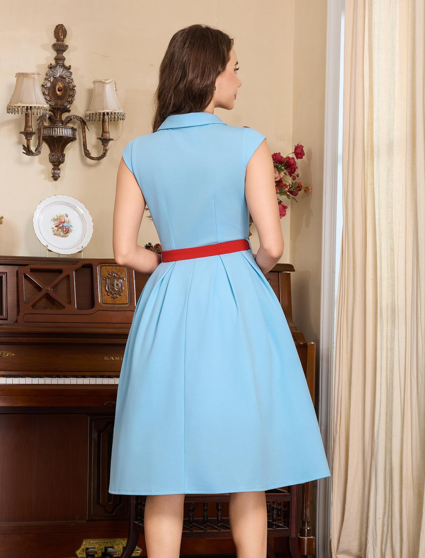 Women's 1950s Retro Dress Sleeveless Cocktail Prom Swing Midi Belt Dresses with Pockets Vintage Style