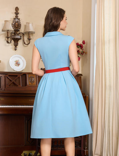 Women's 1950s Retro Dress Sleeveless Cocktail Prom Swing Midi Belt Dresses with Pockets Vintage Style