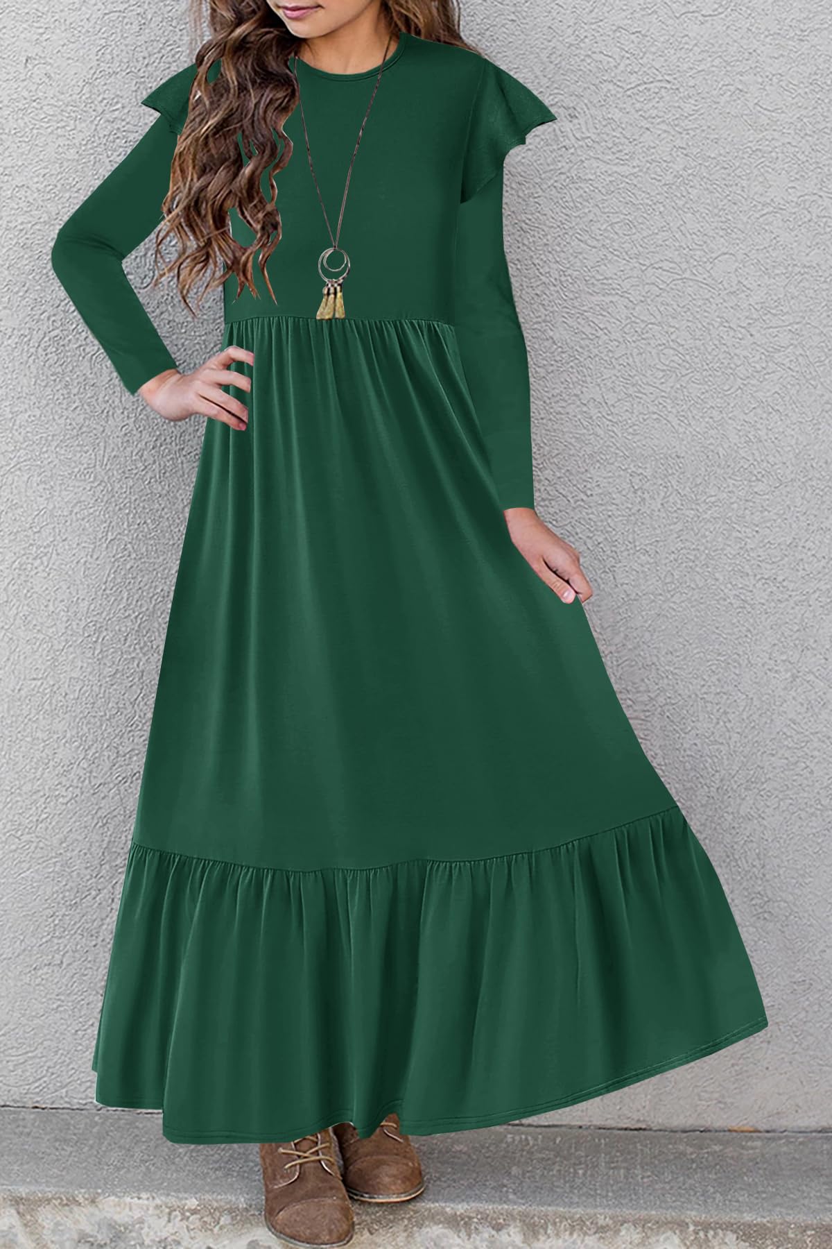 HOSIKA Girls Fall Ruffle Long Sleeve Crew Neck Loose Casual Flowy Tiered Maxi Dress with Pockets for 6-12 Y
