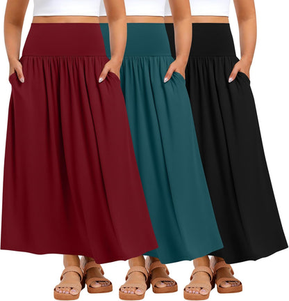Ficerd 3 Pack Plus Size Maxi Skirts for Curvy Women Pockets Casual 2026 Boho Summer Flowy Long Skirt a Line High Waist Dress
