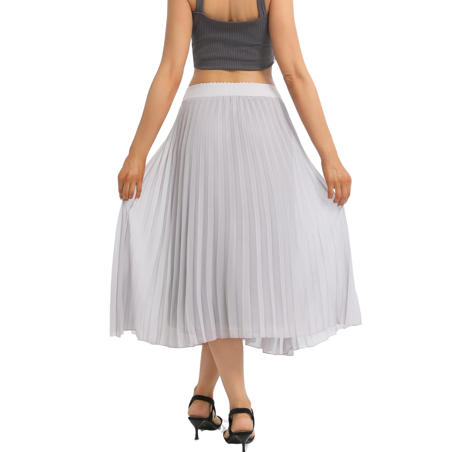 Womens Chiffon High Waist Skirt Pleated A-Line Swing Elastic Shirring Midi Length