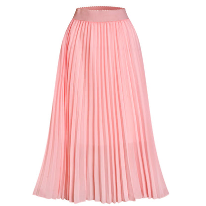 Womens Chiffon High Waist Skirt Pleated A-Line Swing Elastic Shirring Midi Length