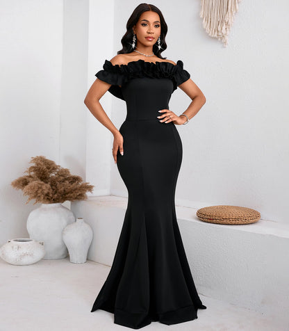 Cololura Sexy Floor-Length Off Shoulder Ruffles Stringy Selvedge Mermaid Bodycon Party Evening Maxi Dress