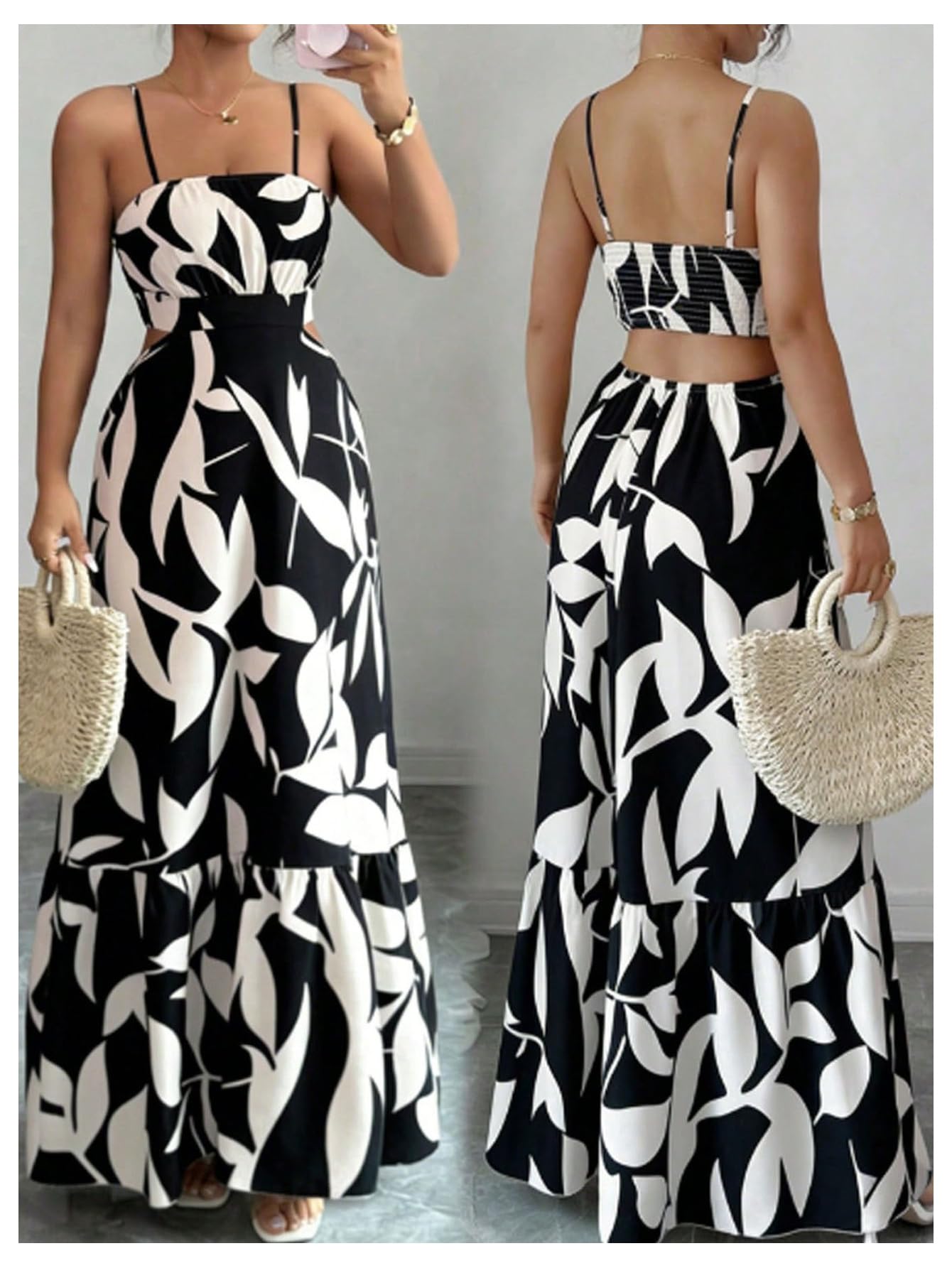 OYOANGLE Women's Cut Out Floral Print Tropical Maxi Cami Dress Ruffle Flowy Summer Vacation Spaghetti Strap Sundress