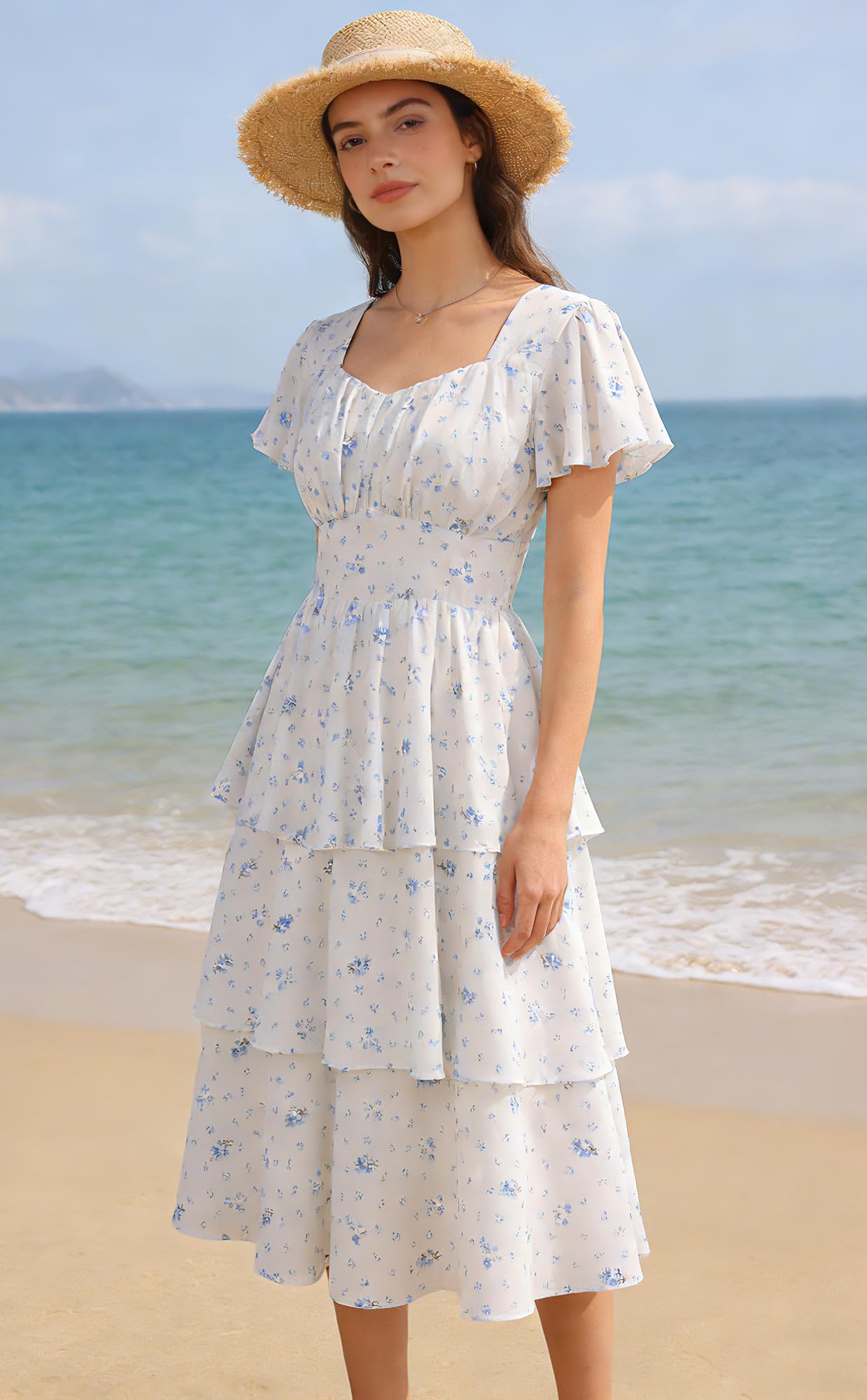 Belle Poque Women's Vintage Square Neck Dress 2026 Summer Short Sleeve Layered Tiered Ruffle A-line Swing Midi Dress