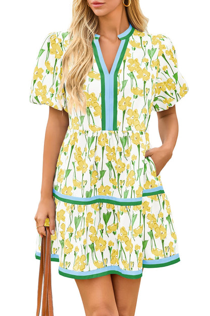 Cicy Bell Womens Summer Puff Sleeve V Neck Floral Mini Boho Beach Dresses | Short Length, Patchwork,Hawaiian,Vacation,Loose fit ,Print with pockets