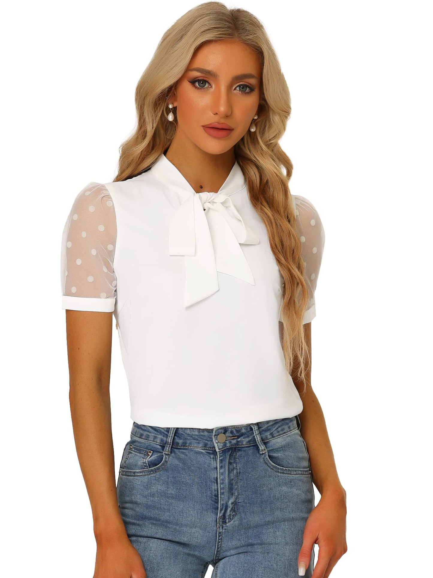 Allegra K Women's Bow Tie Neck V Neck Stand Collar Short Mesh Sleeve Blouse