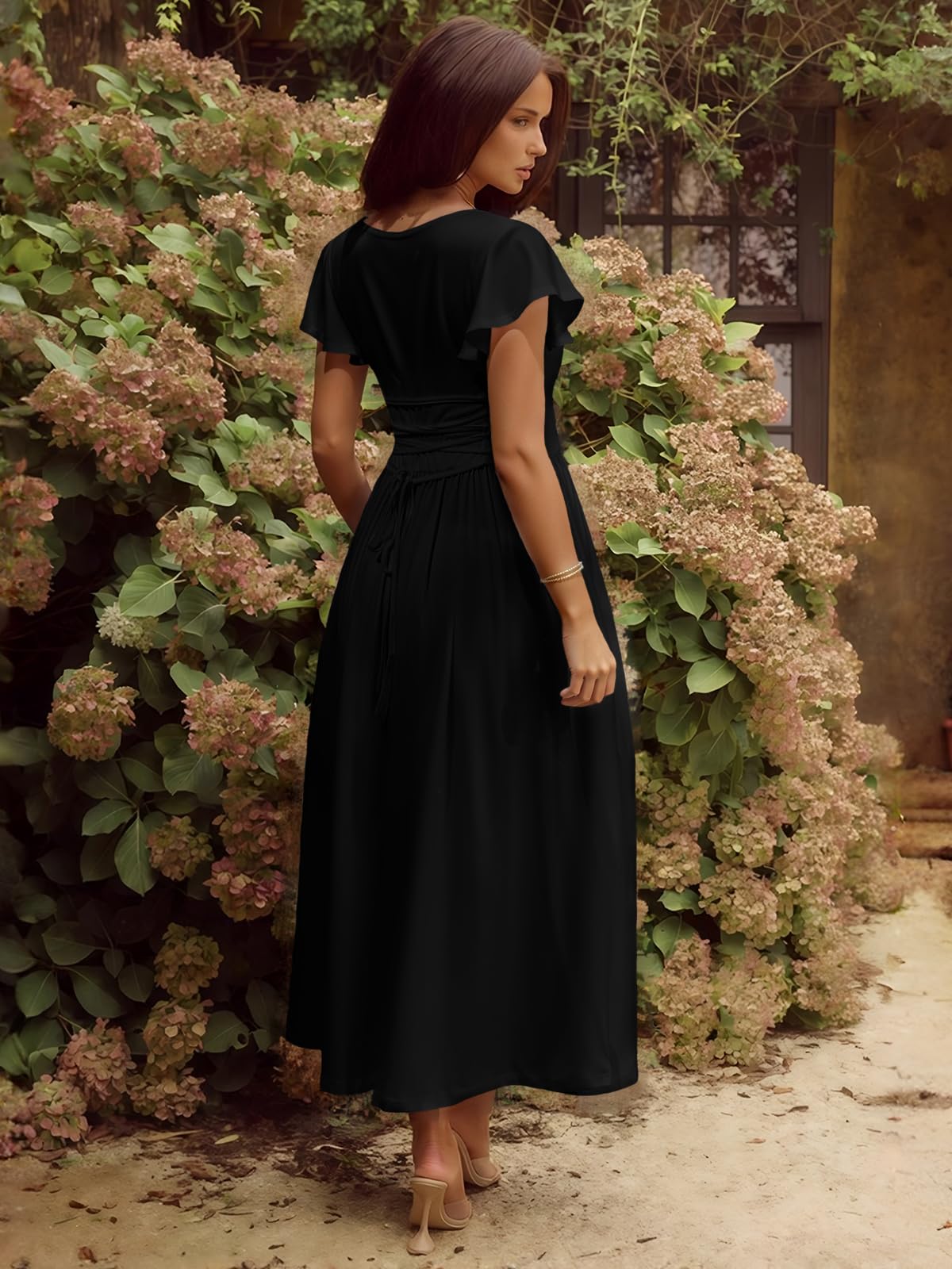 YUNDAI Women's Scoop Neck Flutter Sleeve Midi Dress with Pocket Elegant Flowy A Line Tie Back Dress